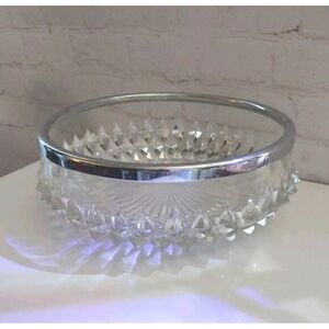 Vintage Crystal Diamond Point Glass  Serving Bowl with Silver Plated Rim England